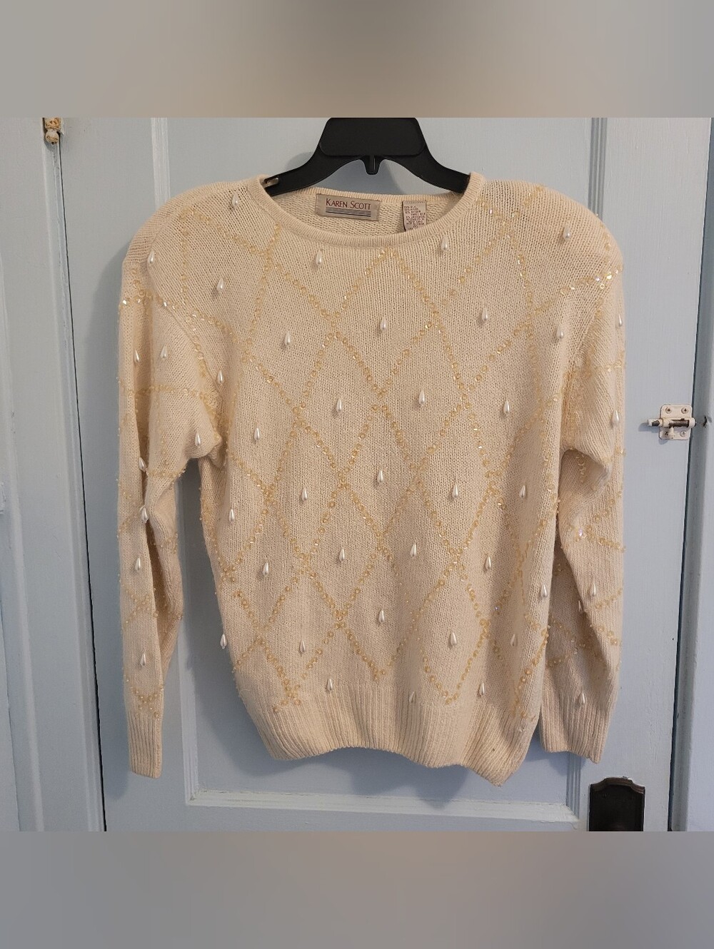 Karen Scott Cream Crewneck Sweater with Teardrop Pearls